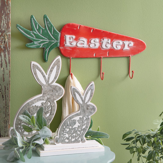 Set of Two Wooden Bunnies with Metal Cutouts
