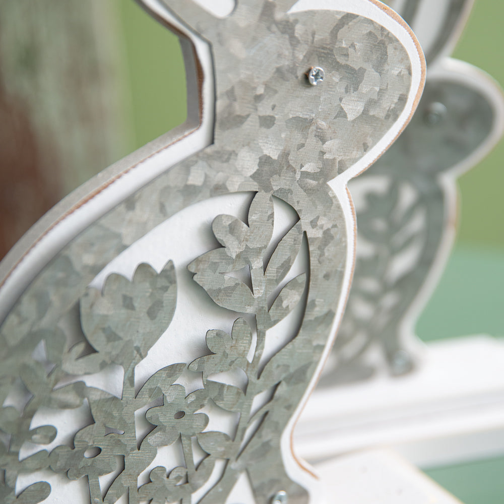 Set of Two Wooden Bunnies with Metal Cutouts