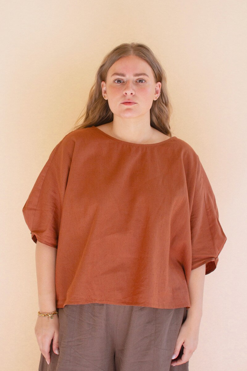 Cinnamon Short-Sleeve Blouse with Button Detail on Sleeves