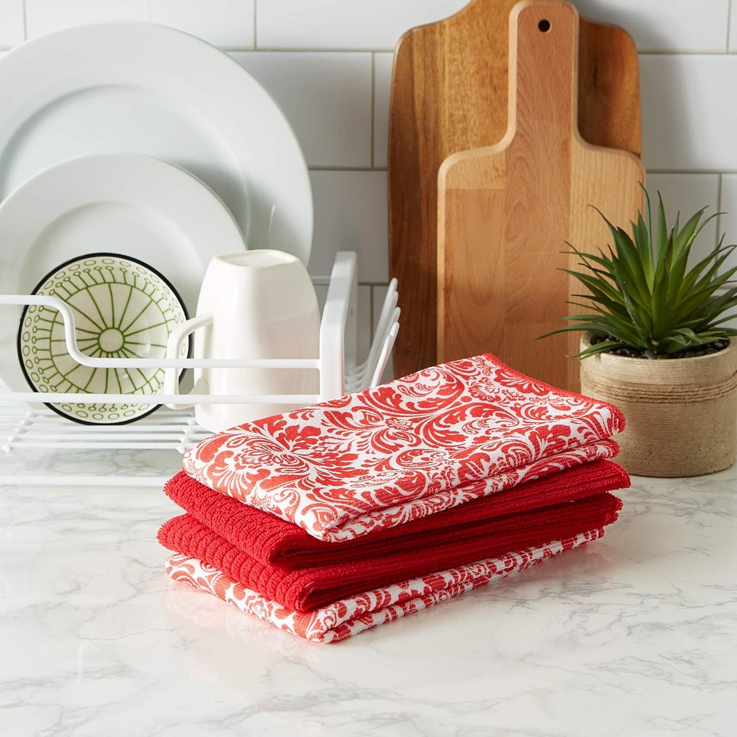 Red Damask Dishtowel Set/4