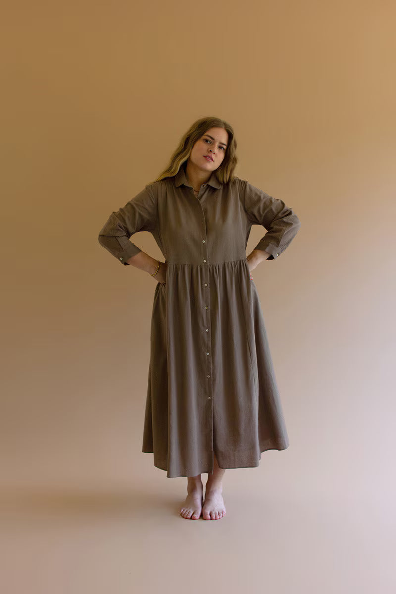 Mocha Long-Sleeve Buttondown Dress with Pockets
