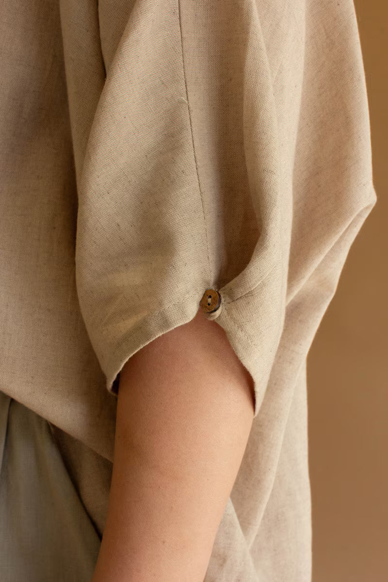Short-Sleeve Blouse with Button Detail on Sleeves Oatmeal