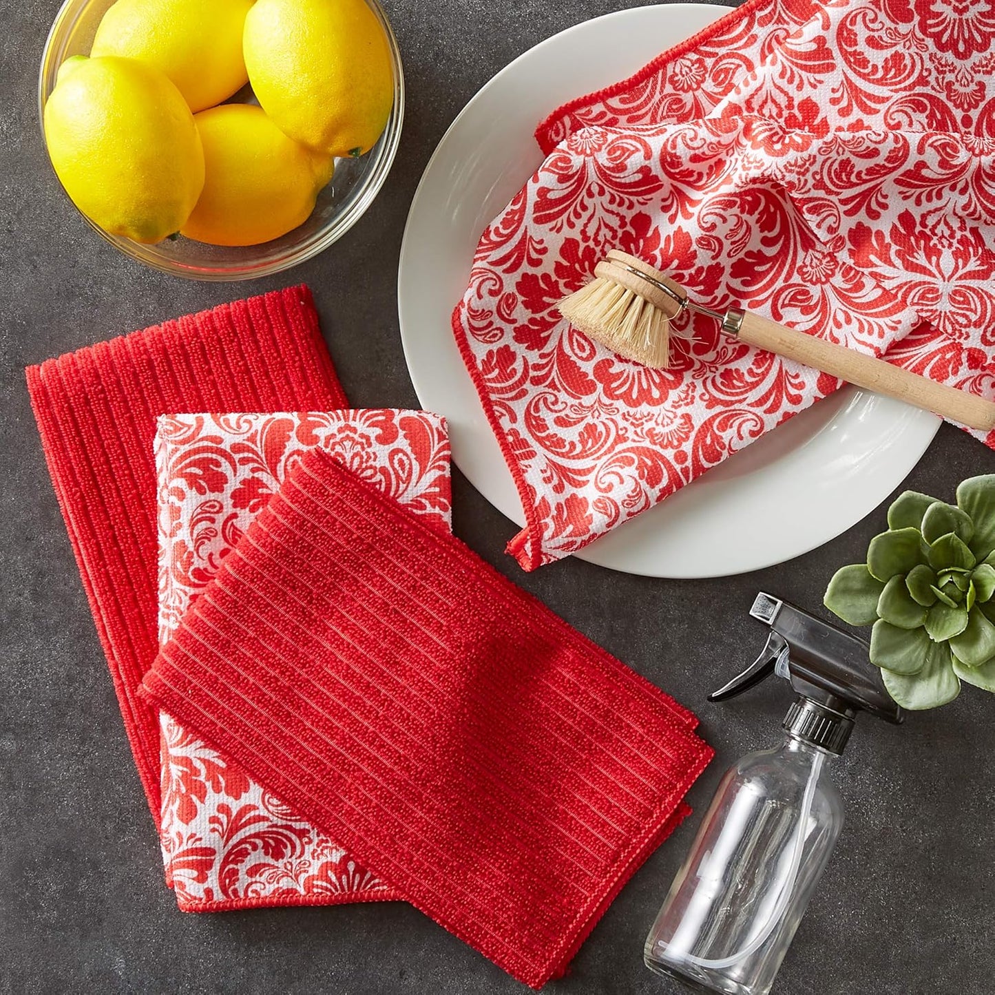Red Damask Dishtowel Set/4