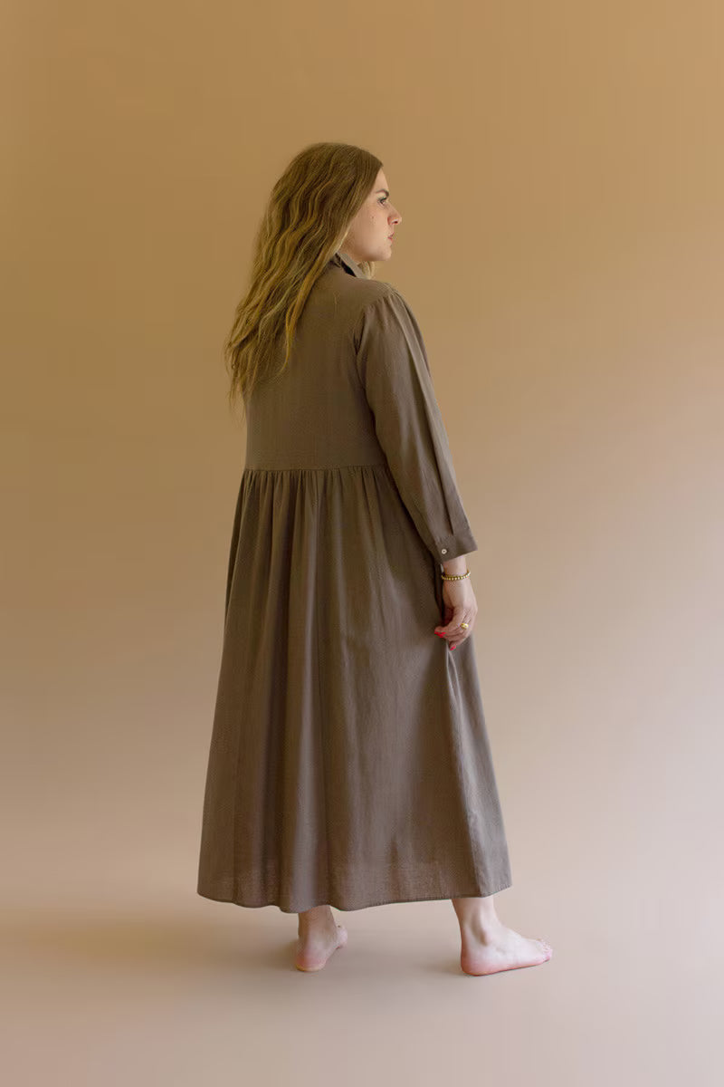Mocha Long-Sleeve Buttondown Dress with Pockets
