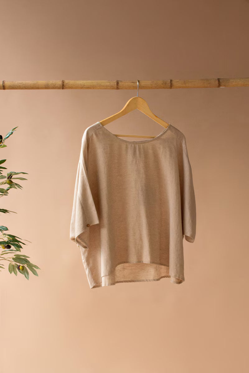 Short-Sleeve Blouse with Button Detail on Sleeves Oatmeal