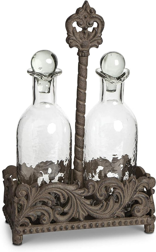 Acanthus Metal, Glass Oil And Vinegar Cruet Set