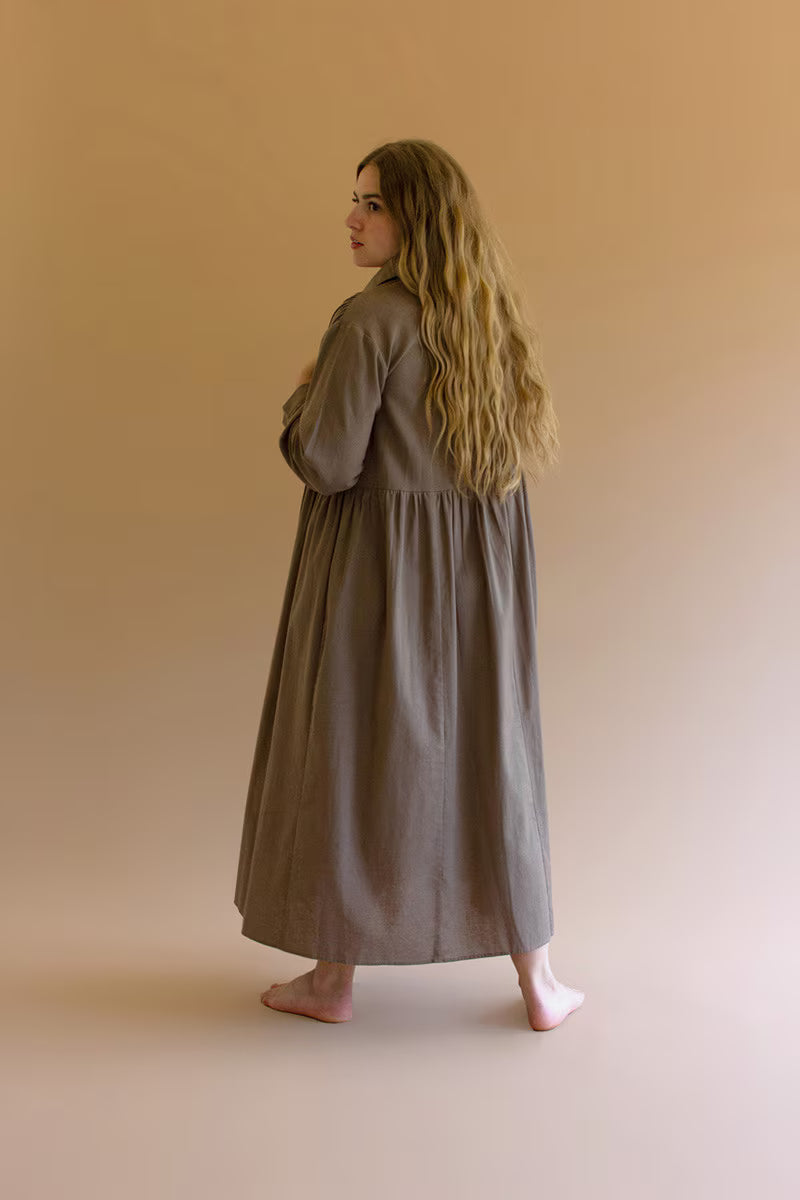 Mocha Long-Sleeve Buttondown Dress with Pockets