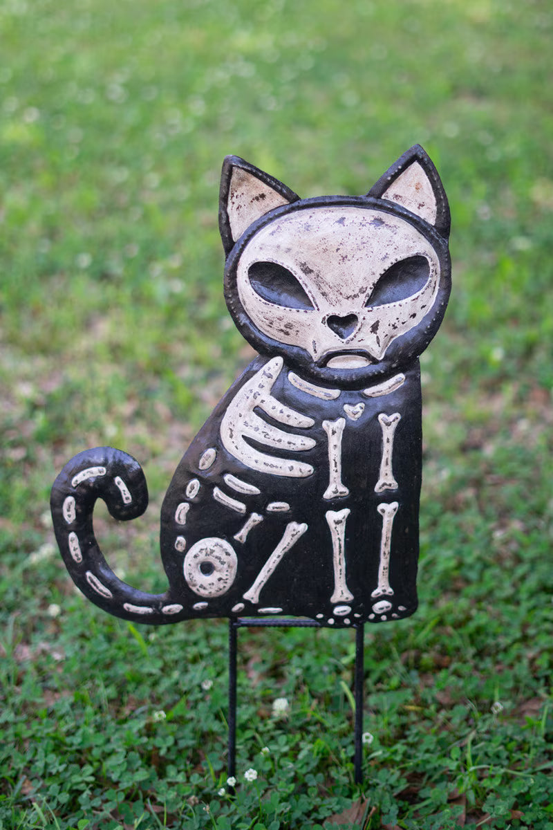 Set of 2 Hand-Hammered Painted Metal Cat and Dog Skeleton Yard Stakes
