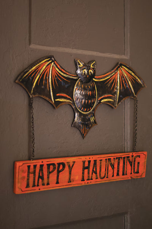 Hand-Hammered Painted Metal Bat with Happy Haunting Sign Wall Hanging