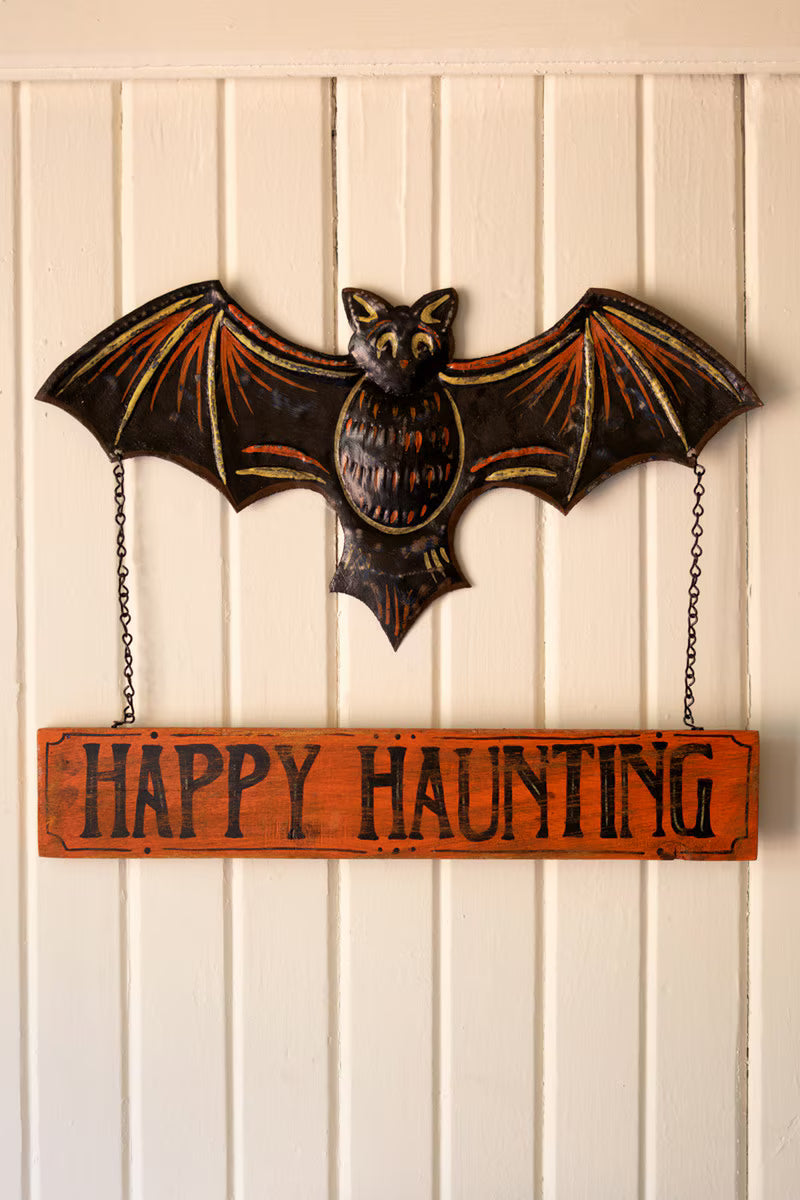 Hand-Hammered Painted Metal Bat with Happy Haunting Sign Wall Hanging