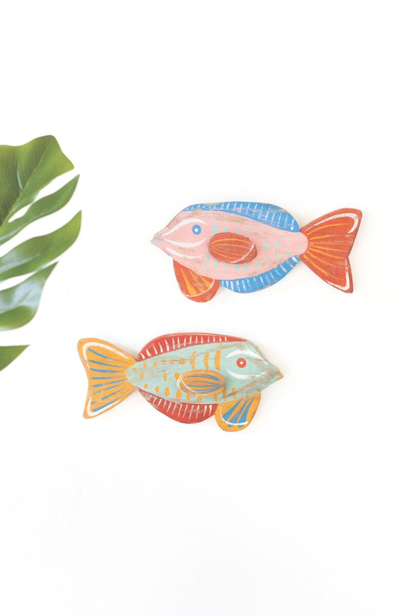 Set of 2 Colorful Wood Fish Wall Plaques