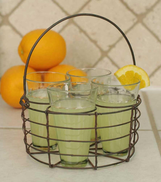 Round Wire Caddy with Four Glasses with Green/Rust Finish