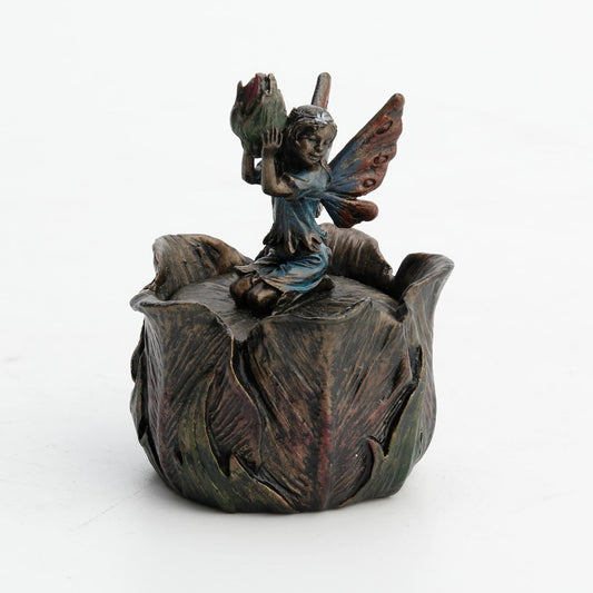 Tiny Fairy Kneeling Holding Bud Flower Trinket Box
