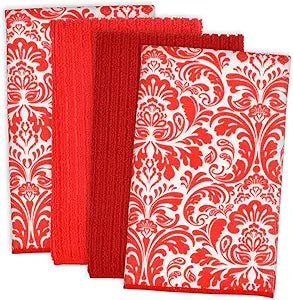 Red Damask Dishtowel Set/4
