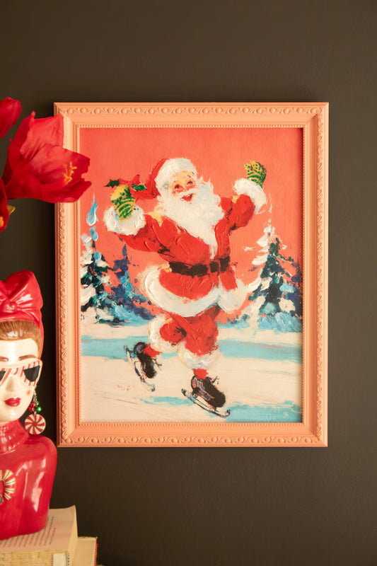 Framed Ice Skating Santa Painting