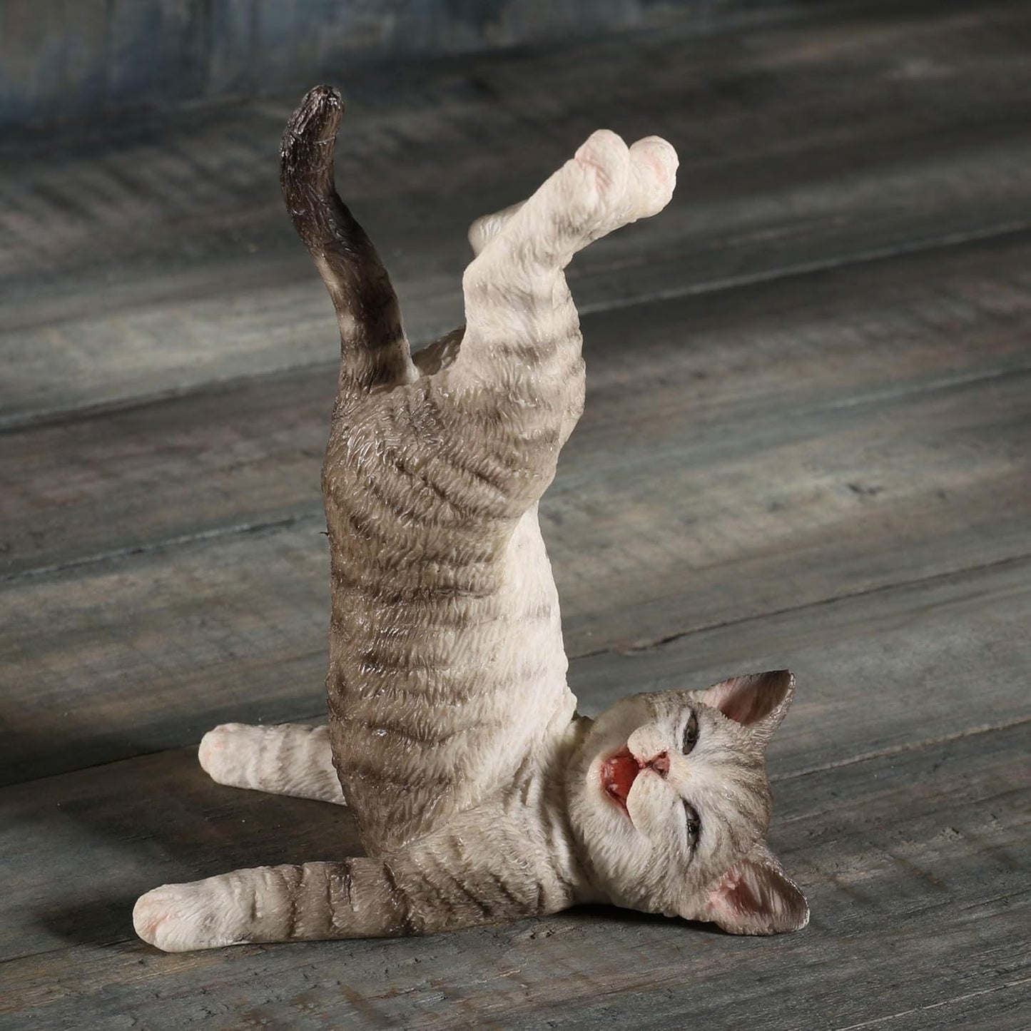 Grey Tabby Yoga Cat Shoulder Stand Pose