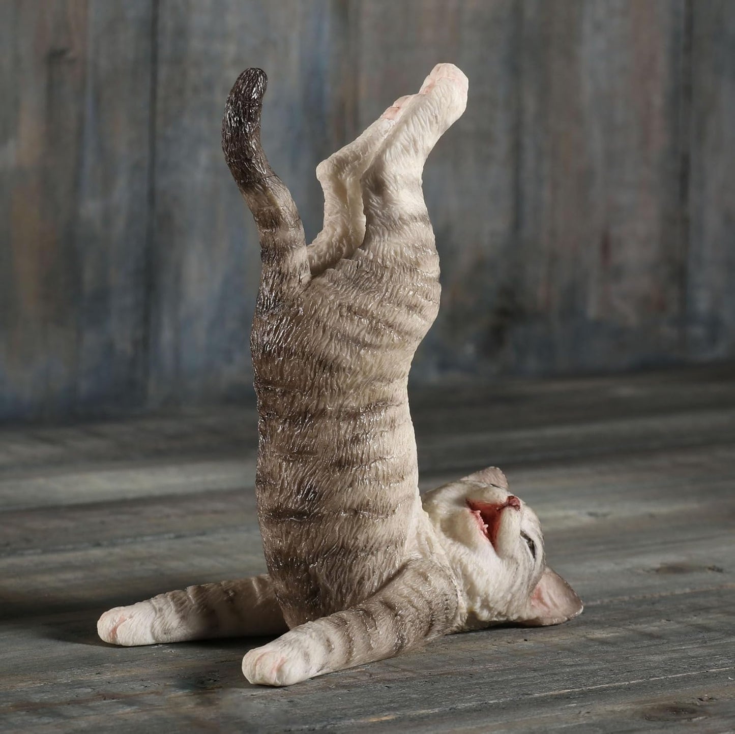 Grey Tabby Yoga Cat Shoulder Stand Pose