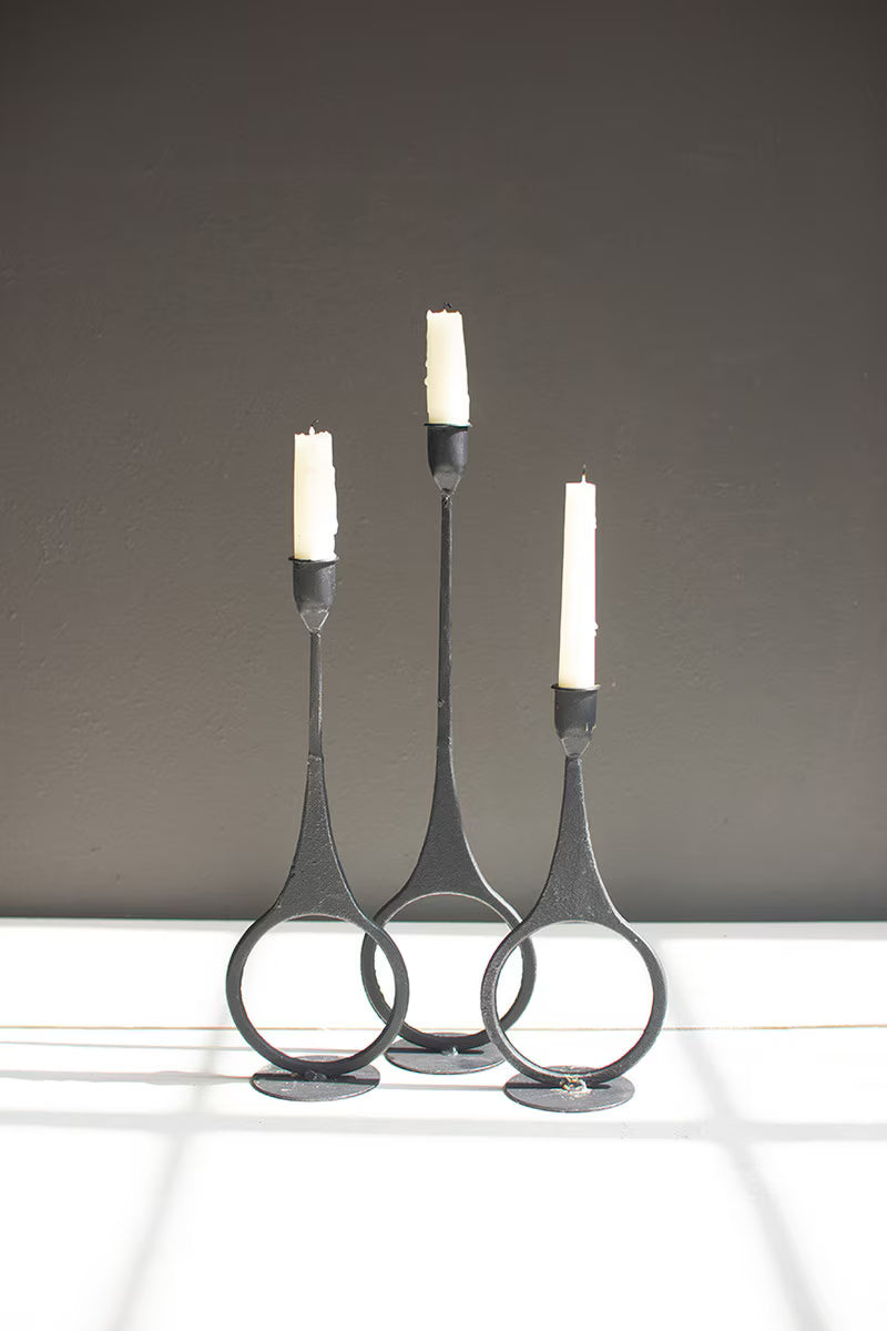 Set of 3 Cast Iron Taper Candle Holders with Ring Detail