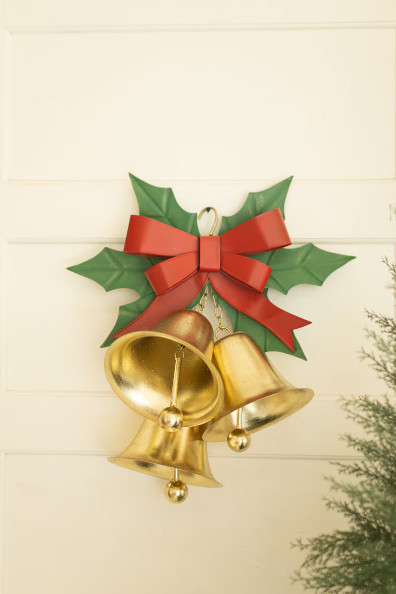 Painted Metal Christmas Bells and Holly Door Hanger
