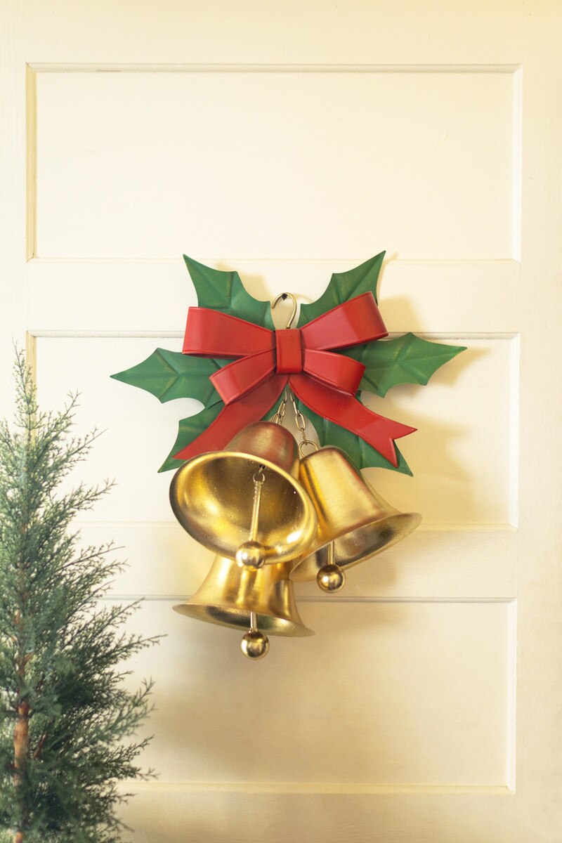 Painted Metal Christmas Bells and Holly Door Hanger
