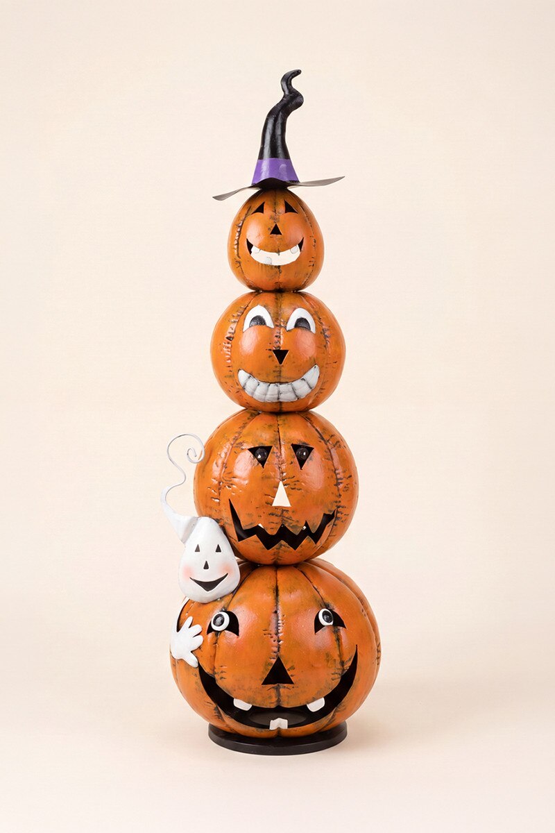 Painted Metal Stack of 4 Jack-O-Lanterns with Witch Hat Luminary