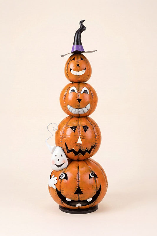 Painted Metal Stack of 4 Jack-O-Lanterns with Witch Hat Luminary