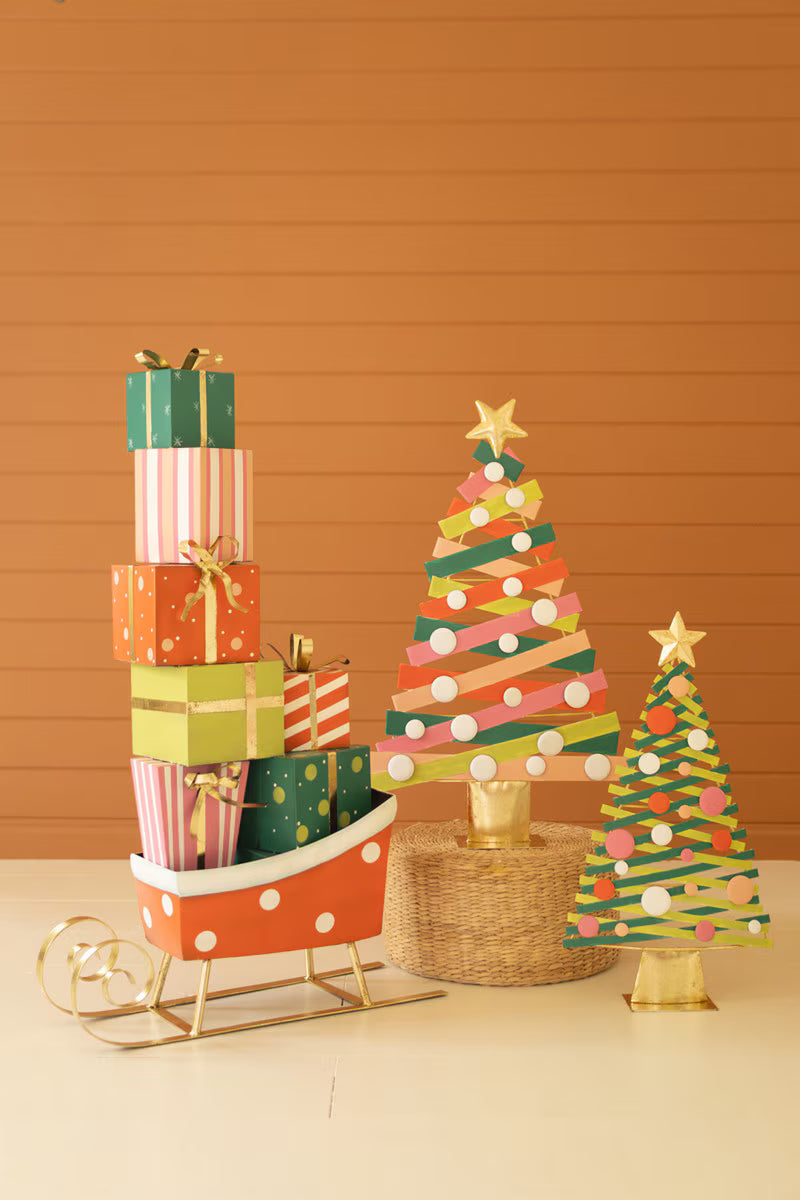 Set of 2 Colorful Painted Metal Christmas Trees with Gold Bases