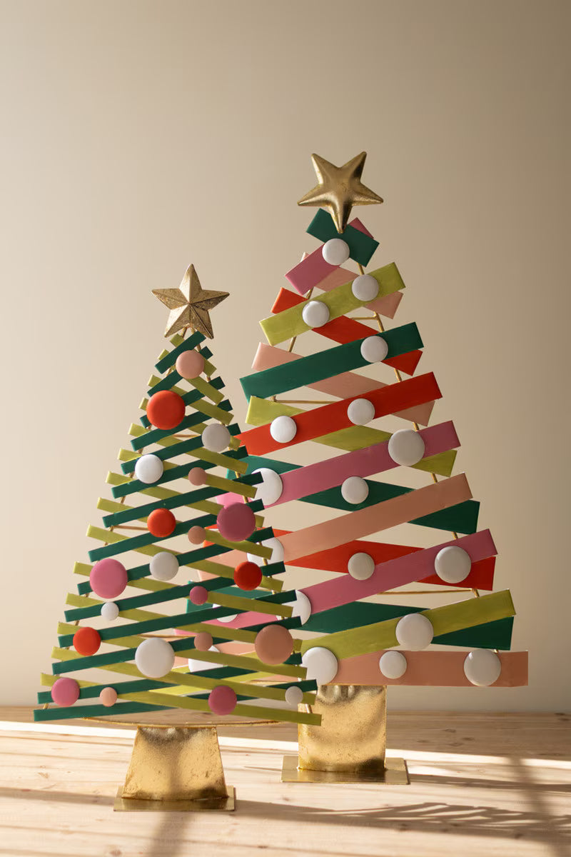 Set of 2 Colorful Painted Metal Christmas Trees with Gold Bases