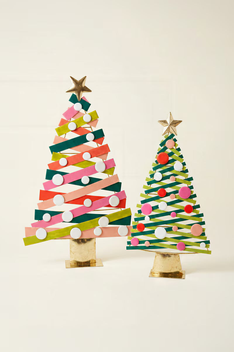Set of 2 Colorful Painted Metal Christmas Trees with Gold Bases