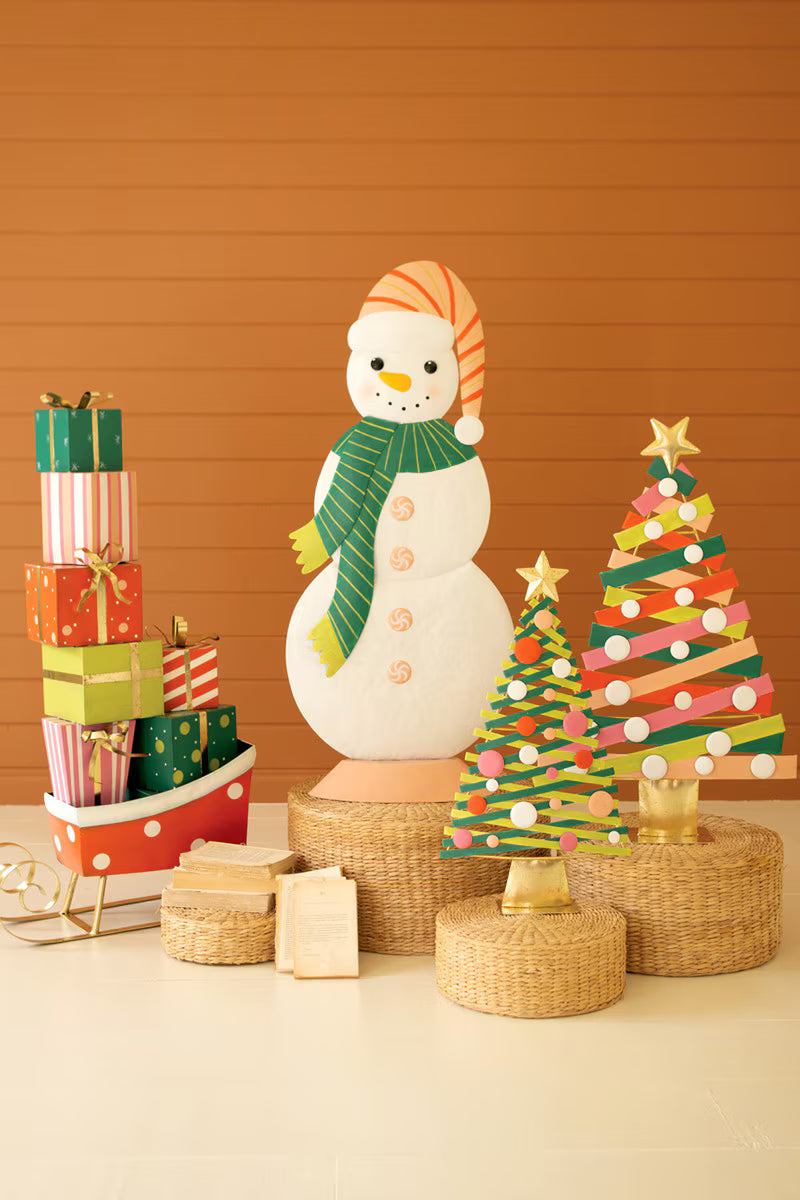 Set of 2 Colorful Painted Metal Christmas Trees with Gold Bases