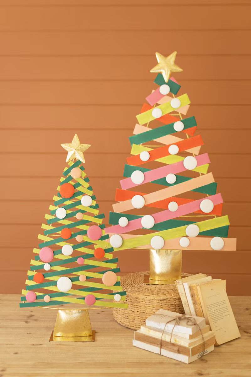 Set of 2 Colorful Painted Metal Christmas Trees with Gold Bases