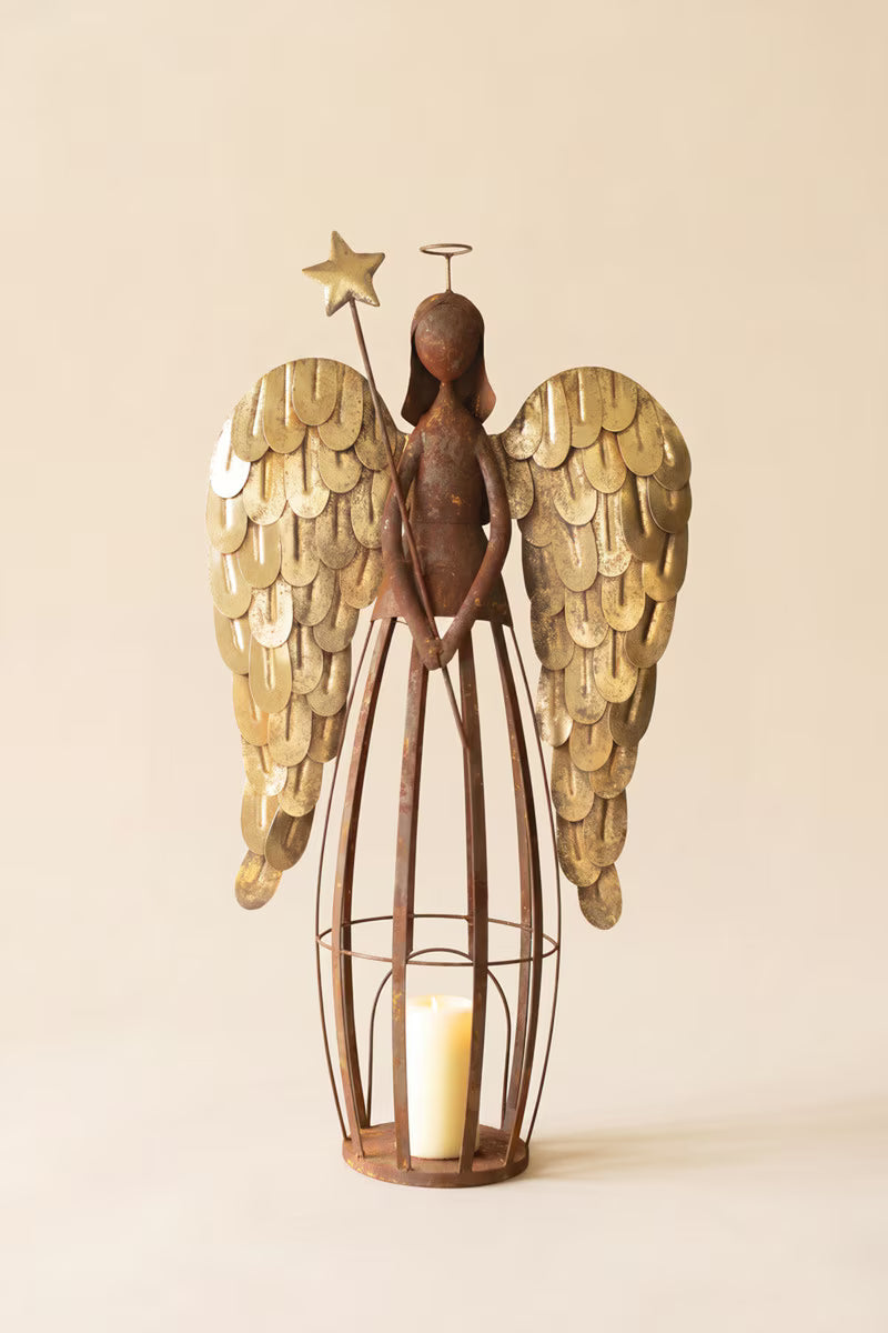 Rustic Metal and Gold Painted Christmas Angel Luminary