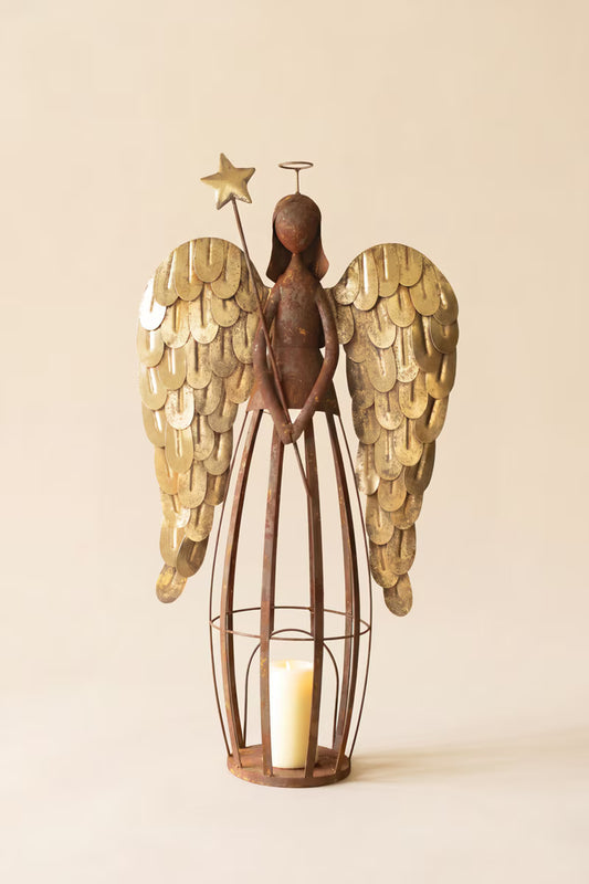 Rustic Metal and Gold Painted Christmas Angel Luminary