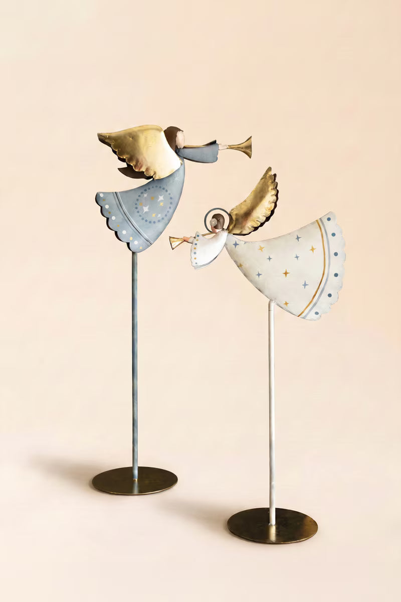 Set of 2 Painted Metal Blue and White Christmas Angels on Stands