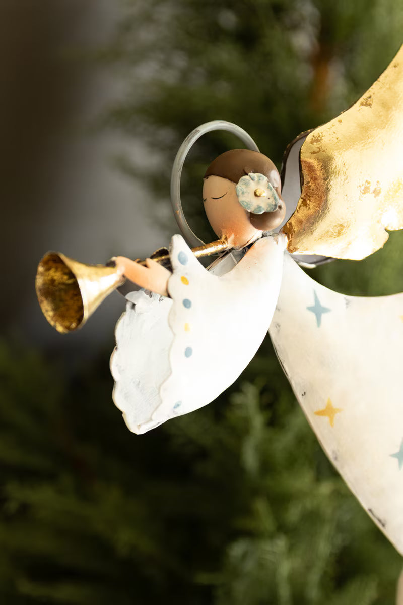 Set of 2 Painted Metal Blue and White Christmas Angels on Stands