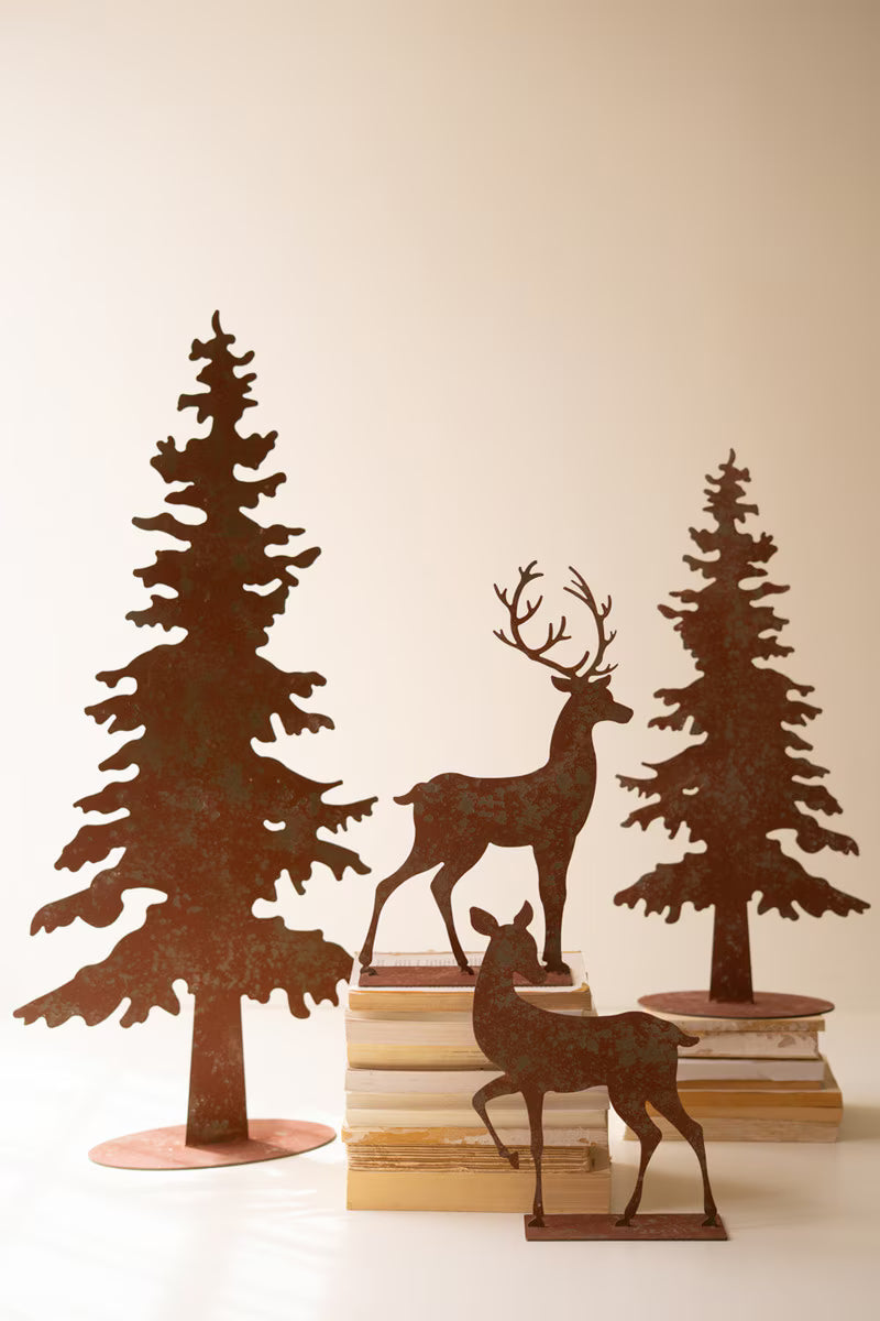 Set of 4 Rustic Metal Christmas Trees and Reindeer