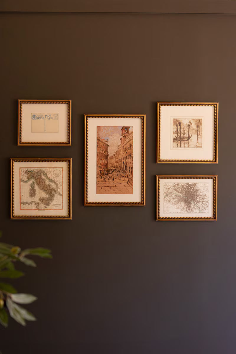 Set of 5 Mixed Framed European Gallery Wall Prints under Glass