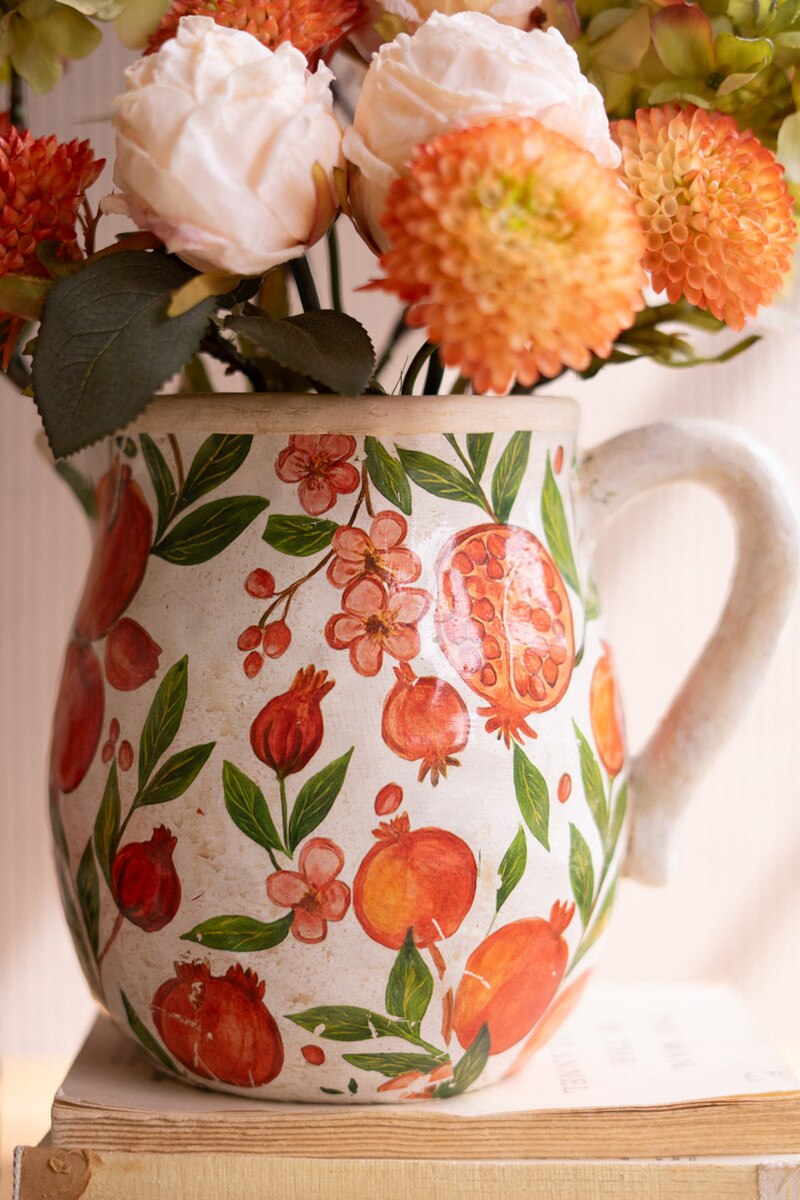 Set of 2 Cement Pitcher and Planter with Pomegranates