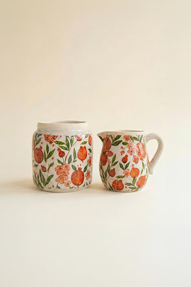 Set of 2 Cement Pitcher and Planter with Pomegranates
