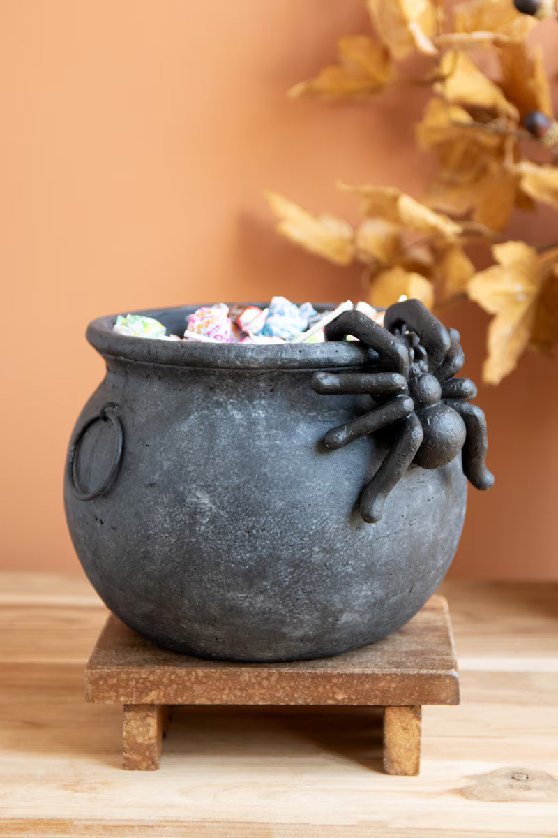 Black Terracotta Halloween Candy Cauldron with Spider