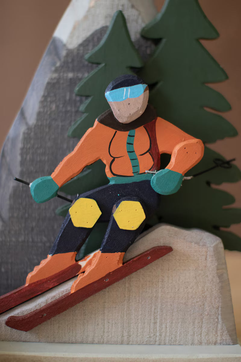 Painted Wood Snow Skiing Scene