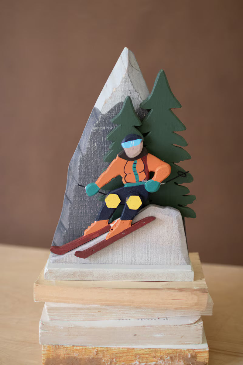 Painted Wood Snow Skiing Scene