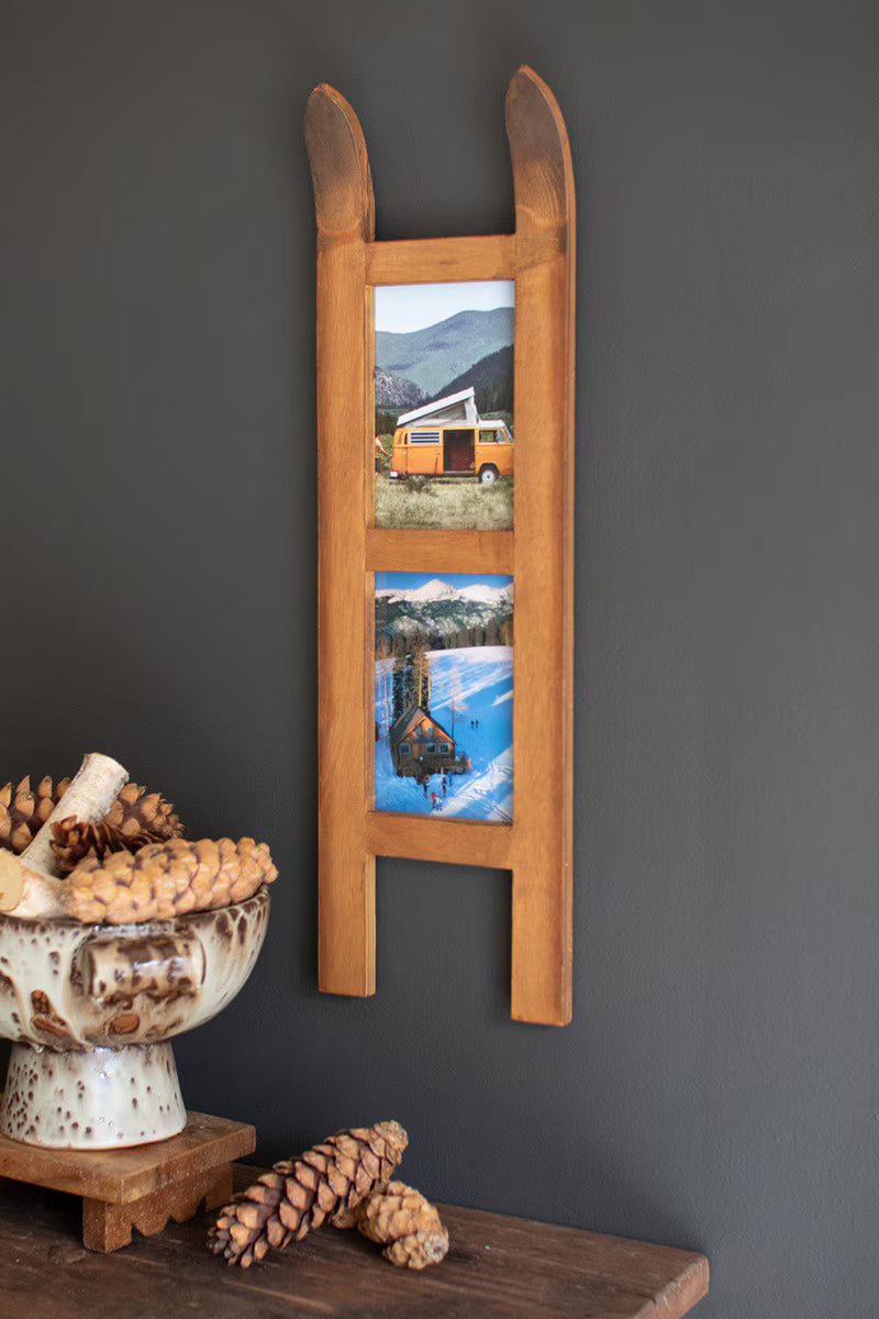 Wooden Snow Ski Double Photo Frame