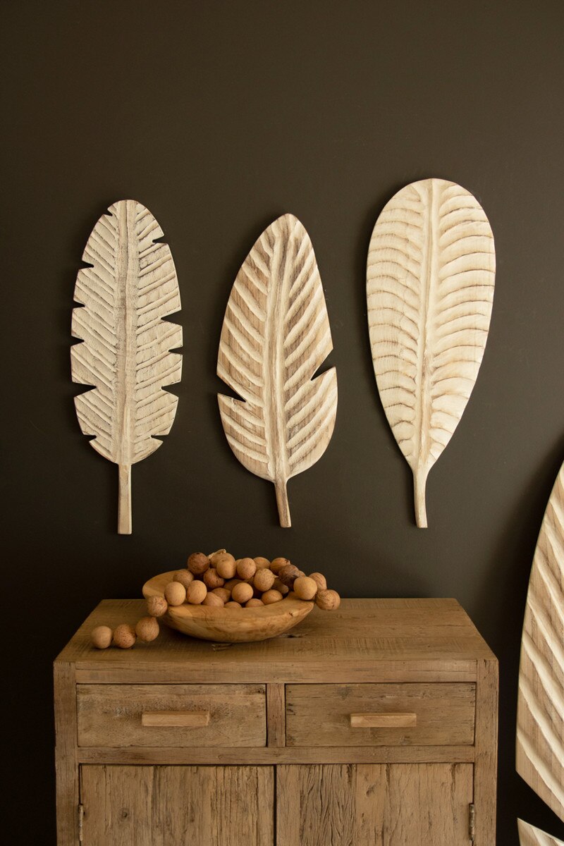 Set of 3 Hand-Carved Paulownia Wood Leaves Wall Art