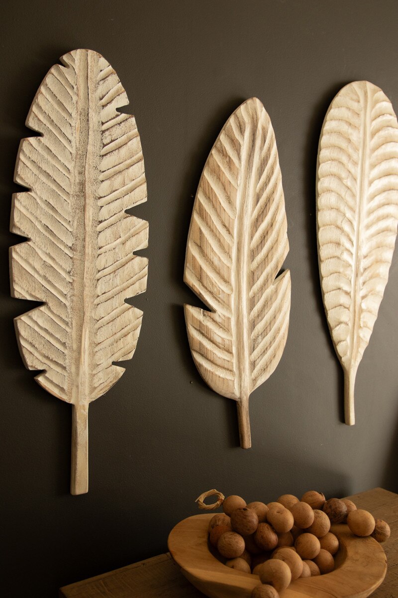 Set of 3 Hand-Carved Paulownia Wood Leaves Wall Art