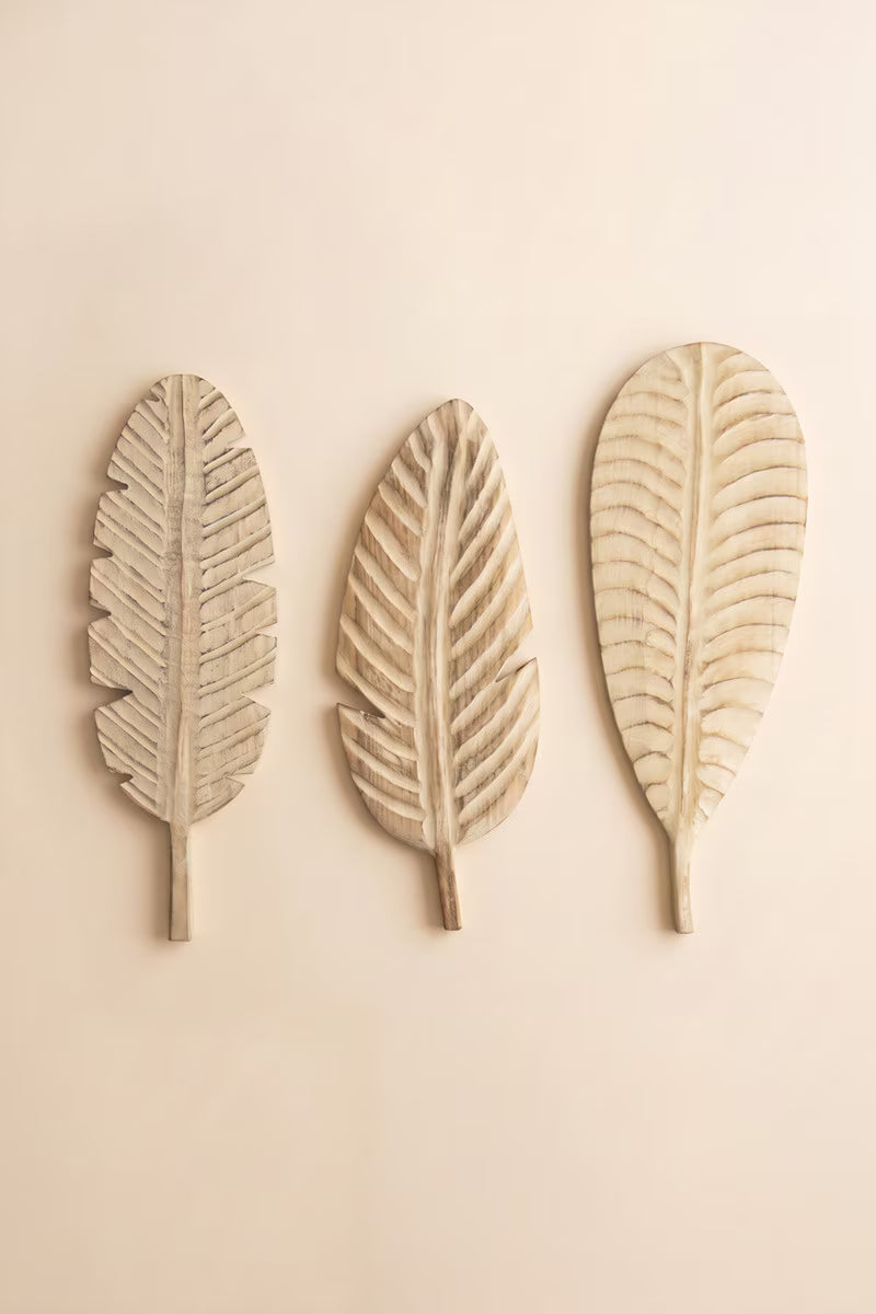 Set of 3 Hand-Carved Paulownia Wood Leaves Wall Art