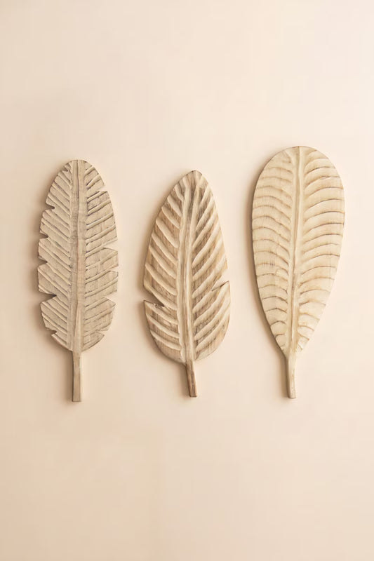 Set of 3 Hand-Carved Paulownia Wood Leaves Wall Art