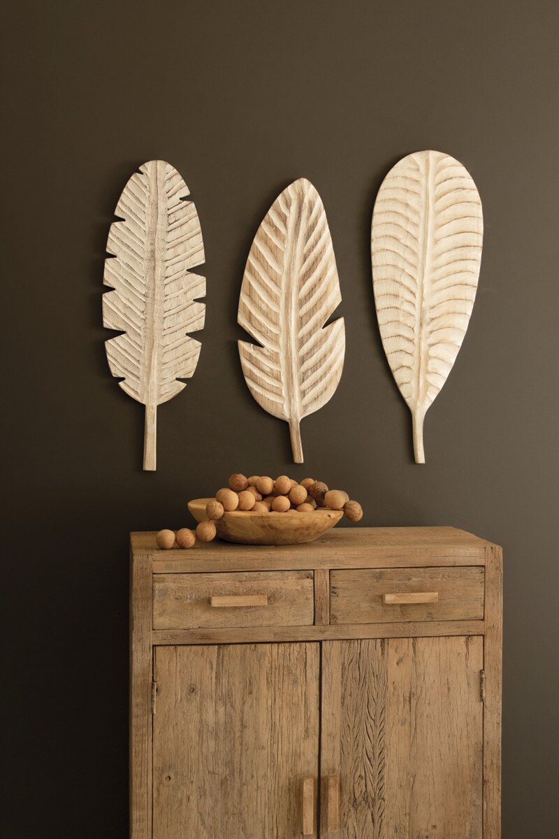 Set of 3 Hand-Carved Paulownia Wood Leaves Wall Art