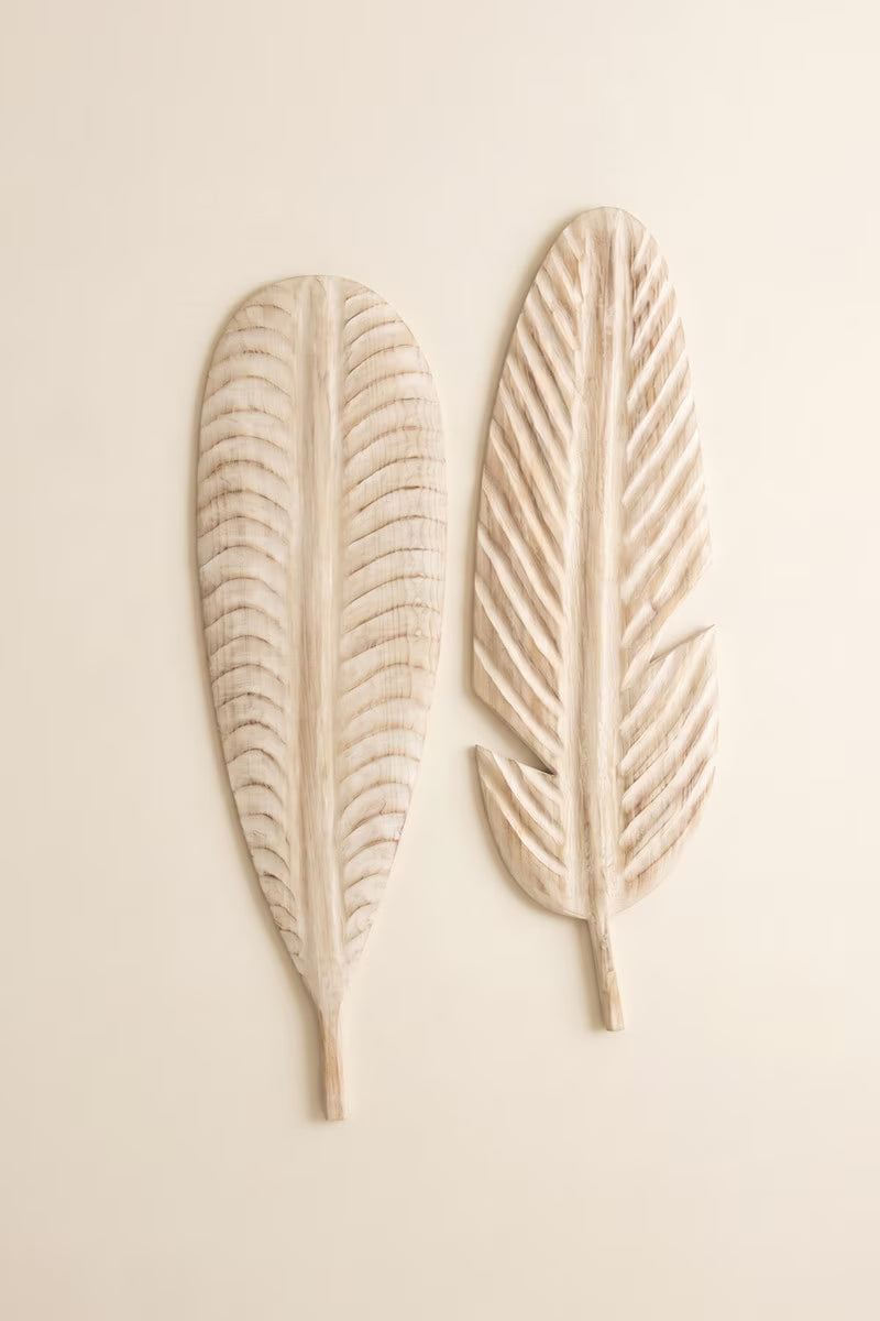 Set of 2 Giant Hand-Carved Paulownia Wood Leaves Wall Art