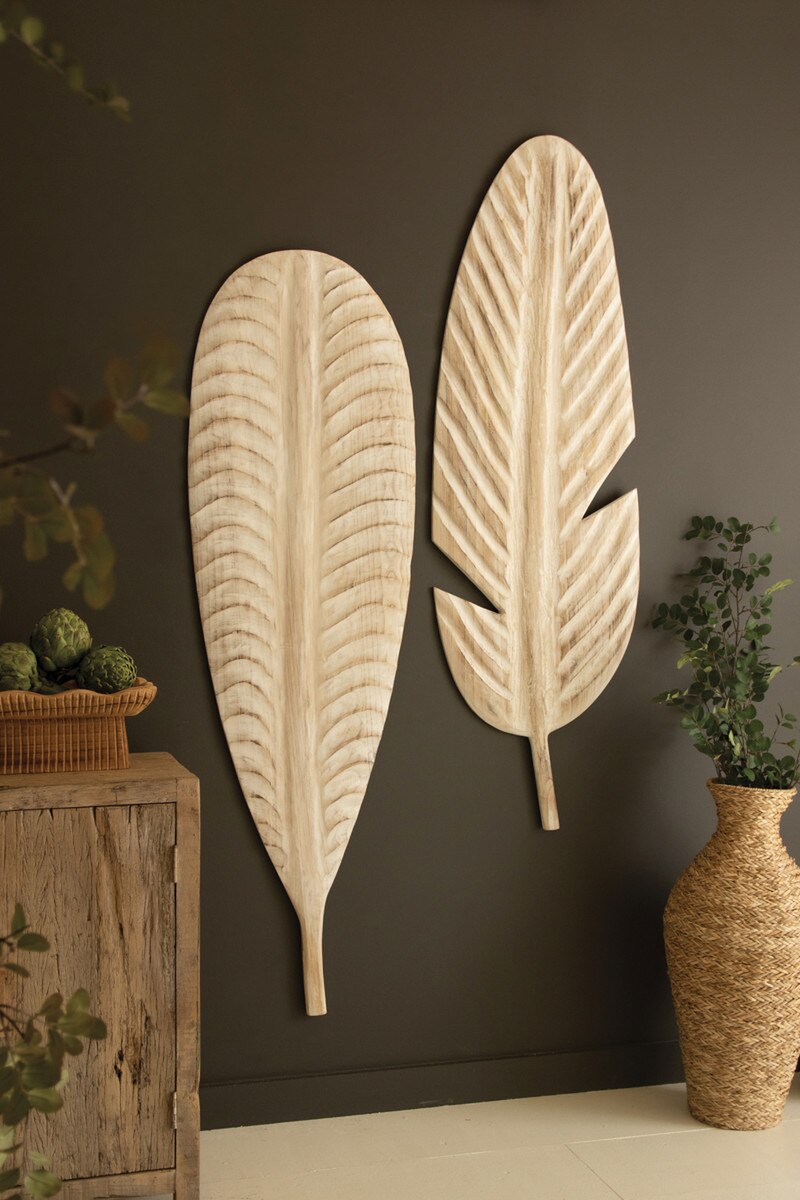 Set of 2 Giant Hand-Carved Paulownia Wood Leaves Wall Art